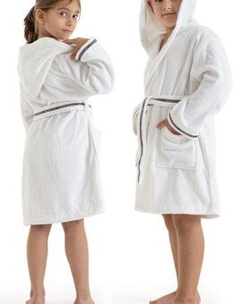 Bruno Banani Kinderbademantel Danny, Ideal für Zuhause, Schwimmbad oder im Urlaub, Langform, Walkfrottee, Kapuze, Gürtel, mit Logostreifen, aus 100% Baumwolle