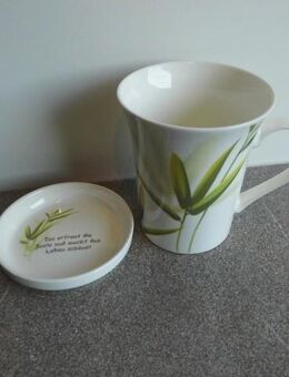 Porzellan Tee Becher Bambus-Dekor mit Deckel / Teebeutelablage Tasse Mug 3,- - Flensburg