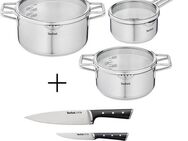 Tefal Topf-Set Nordica + Ice Force, Edelstahl (Set, 9-tlg., 1x Kasserolle 16 cm, 1x Kochtopf 20 cm, 1x Kochtopf 24 cm, 3 Messer), Set: Edelstahl-Topfset (alle Herdarten), Induktion