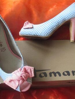 NEU * Ausgefallen * Vichy Karo * Rockabilly * Trachten- Style * Plateau * High- Heels * Stilettos * Peep Toes * Pumps * Schuhe "Tamaris" Gr. 36,5- 37/ 4 * hell- blau * rot * weiß * - Riedlingen Zentrum