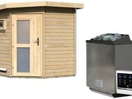 Karibu Saunahaus Fiete, BxTxH: 196 x 196 x 226 cm, 38 mm, (Set) Milchglastür, Ofen 9 kW Bio externe Strg easy