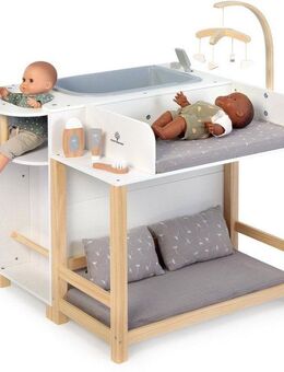 MUSTERKIND® Puppen Pflegecenter Viola, weiß/natur/grau, aus Holz und Musselin-Stoff