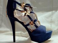 Gr. 40 sexy High Heels Plateau Sandaletten, navy blau mit Sternen gold - Bruchköbel