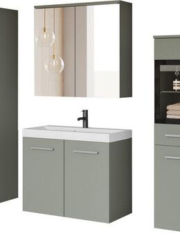 welltime Badmöbel-Set MADRIT II, Schrank mit Waschbecken, 2 Hänger, Spiegelschrank, (Komplett-Set, 5-St), Hängende Badmöbel mit Glaseinsätzen – in vielen Farben erhältlich