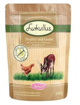 Lukullus Naturkost Junior Getreidefrei Frischebeutel 6 x 300 g - Geflügel & Wild