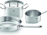 Fissler Topf-Set ORIGINAL-PROFI COLLECTION® Edelstahl-Topfset, Edelstahl 18/10 (4-tlg., 1x Kochtopf Ø 20 cm, 1x Stielkasserolle Ø 16 cm, 1x Pfanne Ø 24 cm), mit breitem Schüttrand, Kaltmetallgriffen. Made in Germany