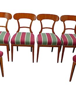 6 Esszimmerstühle Biedermeier Kirschholz + Rot-Grün-Creme Streifen-Polsterstoff - Sinzig
