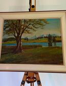 🌳 Stimmungsvolles Öl-Gemälde mit Signatur – Landschaft mit See, Baum und Alpenpanorama 🎨 in 74831