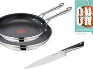 Tefal Pfannen-Set Jamie Oliver Cook Smart, Edelstahl 18/10 (Set, je 1 Pfanne 24 und 28 cm, 1 Kochmesser), stilvolle Edelstahl-Pfannen, inkl. Kochmesser, Rezeptbuch