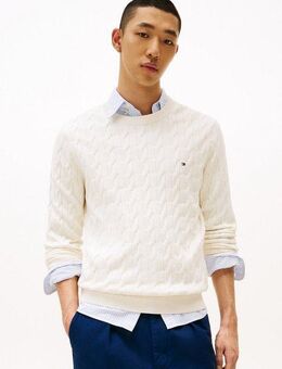 Tommy Hilfiger Strickpullover CLASSIC CABLE CREW NECK mit Strukturstrick und Flaglabel unifarben, casual, regular fit, Baumwolle, Rundhals