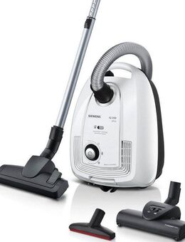 SIEMENS Bodenstaubsauger iQ300 plus VSP3T212, Made in Germany, Hygiene-Filter, kompakt, 900 W, mit Beutel, für Hartboden/Teppich, Turbodüse, XXL-Polsterdüse, langes Kabel, weiß