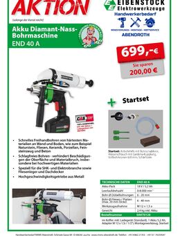 EIBENSTOCK Akku Diamant-Nass-Bohrmaschine END 40 A - AKTION - Laucha (Unstrut) Kirchscheidungen