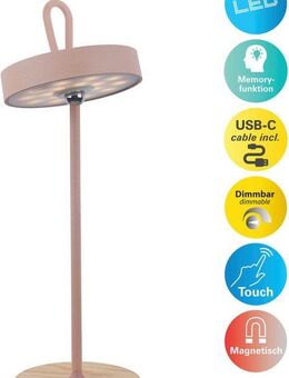 my home LED Tischleuchte Charmont mit Holzfuß, abnehmbares Kopfteil als Hängeleuchte verwendbar, Dimmfunktion, LED fest integriert, Warmweiß, aufladbar, inkl Akku + USB Kabel, Kopfteil magnetisch, abnehmbar, Holz