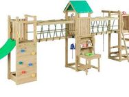 FUNGOO Spielturm Maxi Funny Space Longer, mit Rutsche, Doppelschaukel, Kletterwand, Picknicktisch, Made in Europe
