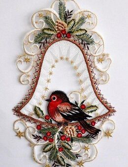 Stickereien Plauen Fensterbild Vogel in Glocke