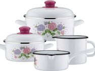 GSW Topf-Set Hortensie, Stahl-Emaille (Set, 6-tlg., je 1x Kochtopf Ø 16/20 cm, Stielkasserolle Ø 16 cm, Milchtopf Ø 12 cm), Induktion