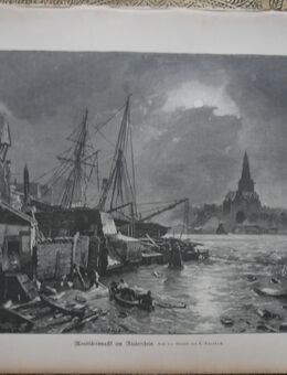 Alte Grafik : Mondscheinnacht am Niederrhein. , Nach dem Gemälde von A. Achenbach ., Blatt 37,5cm x 26,5cm , M24 - Görlitz