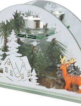 I.GE.A. Teelichthalter Weihnachtsdeko, Kerzenhalter, Deko-Objekt (1 St), aus Spiegelglas, mit Hirsch-Deko in Winterlandschaft, Höhe ca. 15 cm