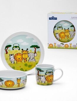 van Well Kindergeschirr-Set Kinderset Safari, 3-teilig, Geschirr-Set, Service (3-tlg), 1 Personen, Porzellan, mit farbenfrohem Dekor, spülmaschinen- und mikrowellengeeignet