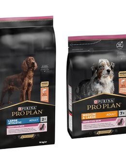 14 kg PURINA PRO PLAN Adult + 3 kg Extra-Packung gratis! - 14 kg Large Athletic Sensitive Skin Lachs + 3 kg Medium & Large 7+ Sensitive Skin