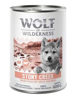 6 x 400 g Wolf of Wilderness Nassfutter zum Probierpreis! - JUNIOR Stony Creek - Geflügel mit Rind
