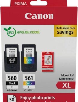 Canon PG-560XL Schwarz und CL-561XL Farbe + Fotopapier Vorteilspack Tintenpatrone (Packung)