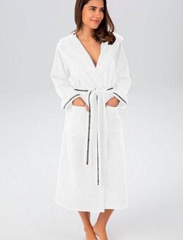 Bruno Banani Damenbademantel Danny, ideal für Sauna & Spa, Hotelbademantel, Morgenmantel, Langform, Microfaser, Kapuze, Gürtel, mit Logostreifen, aus 100% Baumwolle, XS-3XL