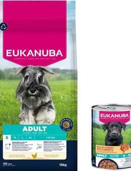 15 kg Eukanuba Premium Nutrition + 3 x 400 g passendes Nassfutter gratis! - 15 kg Adult Small Breed Huhn + 3 x 400 g Adult Pute mit Karotten
