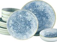 CreaTable Teller-Set Uno Mykonos, Tellerset 12-tlg (12-tlg), 4 Personen, Steinzeug, Sommerlich, Vintage Style, Reaktivglasur
