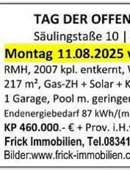 Einladung zum Tag der offenen Haustüre | Montag den 11.08.25 von 16:00 - 19:00 Uhr in der Säulingstraße 10 in 86842 Türkheim - Türkheim