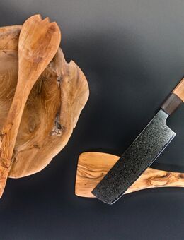 Damast - Nakirimesser | Damastmesser | Küchenmesser | Handgefertigt - rasiermesserscharf | Olivenholz - Griff - Sinsheim