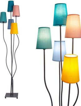 näve Stehlampe Colora, ohne Leuchtmittel, 5flg., E14. Textilschirme je 1x gelb, rose, blau, türkis, oliv