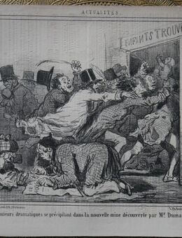 Lithografie , Les auteurs dramatiques se precipitant dans la nouvelle mine decouverte par Mr_Dumas fils. , Grafik von Cham , Nummer580 , Blatt 37,5cm x 25,5cm , M70 - Görlitz