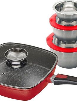 KING Bratpfanne Square, Aluminiumguss (Set, 8-tlg., 3 Schüsseln Ø17. Ø14.5 Ø12cm mit Deckeln, 1 Pfanne 28x28cm mit Deckel), Induktion, Glasdeckel m. Aromaknopf, abnehmbarer Pfannengriff,28x28 cm