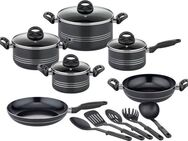 GSW Topf-Set Milano Nero, Aluminium (Set, 15-tlg., je 1 Kochtopf 16/20/2 cm, 1 Stielkasserolle 16cm, je 1 Pfanne 24/28cm), Induktion, inkl. 5-teiliges Küchenhelfer-Set