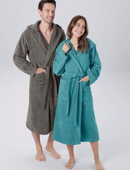 my home Unisex-Bademantel Regona, ideal für Sauna & Spa, Hotelbademantel, Morgenmantel, Langform, Veloursfrottier, Kapuze, Gürtel, für Damen & Herren, mit Taschen, flauschig und weich, Velours
