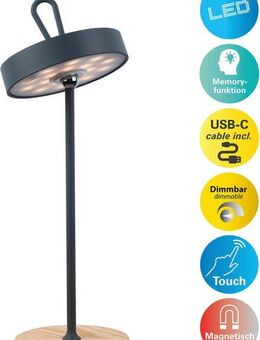 my home LED Tischleuchte Charmont mit Holzfuß, abnehmbares Kopfteil als Hängeleuchte verwendbar, Dimmfunktion, LED fest integriert, Warmweiß, aufladbar, inkl Akku + USB Kabel, Kopfteil magnetisch, abnehmbar, Holz