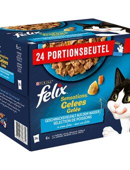38 + 10 gratis! 48 x 85 g Felix Nassfutter - "Sensations" Geschmacksvielfalt aus dem Wasser in Gelee