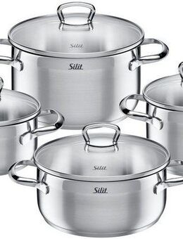Silit Topf-Set Toskana Induktion, Kochtopf Set mit Glasdeckel, teilmattiert, Edelstahl 18/10 (Set, 8-tlg., je 1 Bratentopf Ø 16/20 cm, je 1 Fleischtopf Ø 16/20 cm), Induktions Töpfe Set, für alle Herdarten geeignet, ohne Skalierung