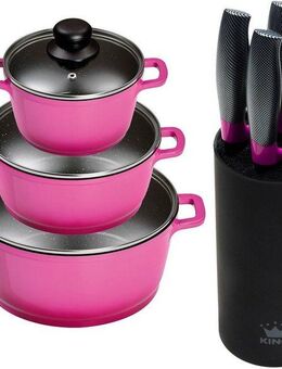 KING Topf-Set Berry, Aluminiumguss (Set, 9-tlg., je 1 Kochtopf mit Deckel 16/20/24 cm, Messerblock mit 5 Kochmesser), Induktion