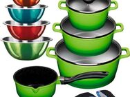 KING Topf-Set ALUGUSS, Aluminiumguss (Set, 13-tlg., je 1 Kochtopf 16/20/24 cm, 1x Stieltopf 16 cm, 4 Schüsseln, Grips), Glasdeckel,Induktion,Keramikantihaftbeschichtung