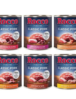 Rocco Classic Probiermix 6 x 800 g - Schwein-Mix: Rind/Lamm, Huhn/Pute, Huhn/Kalb, Rind/Geflügelherzen, Huhn/Lachs, Rind/Huhn
