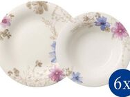 Villeroy & Boch Tafelservice Teller Set, Geschirr-Set Mariefleur Gris Basic (12-tlg), 6 Personen, Porzellan, mit schönem Blumendekor, 12 Teile, für 6 Personen