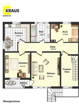 Helle 3-Zi-Eigentumswohnung, 1. Stock, Südbalkon, Einbauküche, Bad mit Fenster, mit 2 Außenstellplätzen - Nersingen