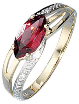 JOBO Diamantring, 585 Gold bicolor mit Granat und 2 Diamanten