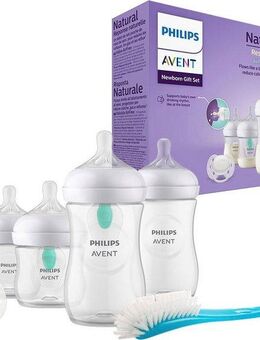Philips AVENT Babyflasche Natural Response Flaschen-Set Air-Free Ventil SCD657/11, 4 Flaschen mit AirFree-Ventil, ultra soft Schnuller, Flaschenbürste