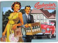 Budweiser - Blechschild - Frau & Mann mit Bierkiste - Doberschütz