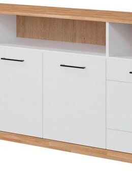Home affaire Sideboard Ribe,180cm breit,Oberplatte aus Massivholz, 9 Fächer, Oberplatte Massivholz,schwarze Metall Griffe,2 Türen mit Glaseinsatz