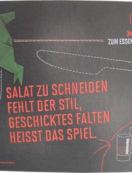 Jägermeister - Platzdeckchen aus Papier 38,5 x 26,8 cm - Salat zu schneiden fehlt der Stil, geschicktes Falten heisst das Spiel - Doberschütz