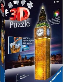 Ravensburger 3D-Puzzle Big Ben bei Nacht, 216 Puzzleteile, mit Farbwechsel LEDs, Made in Europe
